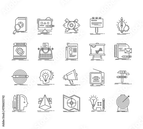 20 set of outline web advertising icons such as graphic de, de, target, de, map vector thin icons for report, presentation, diagram, web design, mobile app