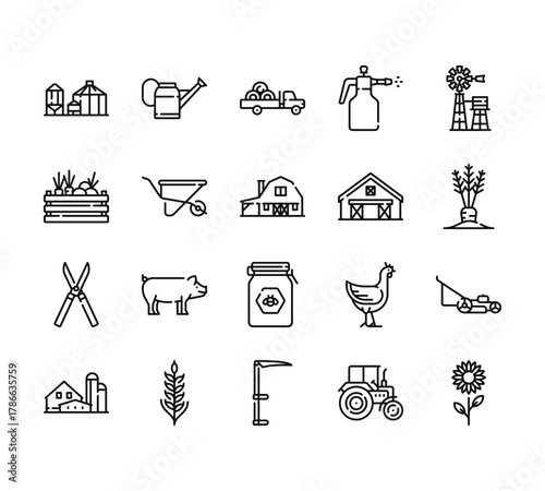 20 set of outline web agriculture icons such as watering can, vegetables, shears, farm, scythe vector thin icons for report, presentation, diagram, web design, mobile app