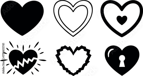 Heart icons set with various styles including solid, outline, and keyhole design vector illustration 