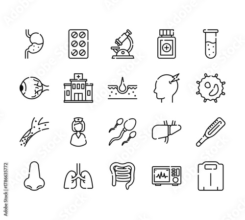 20 set of outline web medical icons such as pills, eye, cholesterol, e, intestine vector thin icons for report, presentation, diagram, web design, mobile app