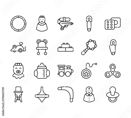 20 set of outline web baby toys icons such as baby girl, mouse, baby girl, chair, boomerang vector thin icons for report, presentation, diagram, web design, mobile app