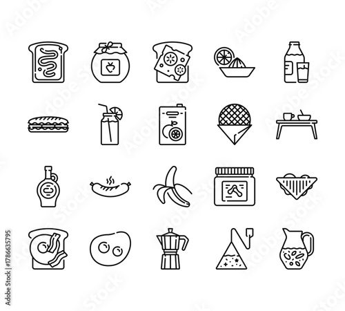 20 set of outline web breakfast icons such as jam, sandwich, syrup, sandwich, moka pot vector thin icons for report, presentation, diagram, web design, mobile app