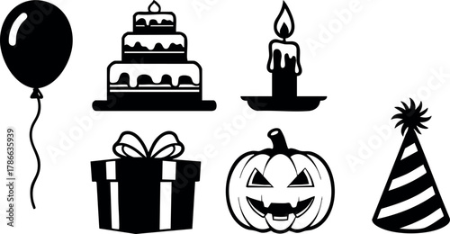 Halloween Party Celebration Icons with Pumpkin Cake Balloon and Candle Vector Illustration 