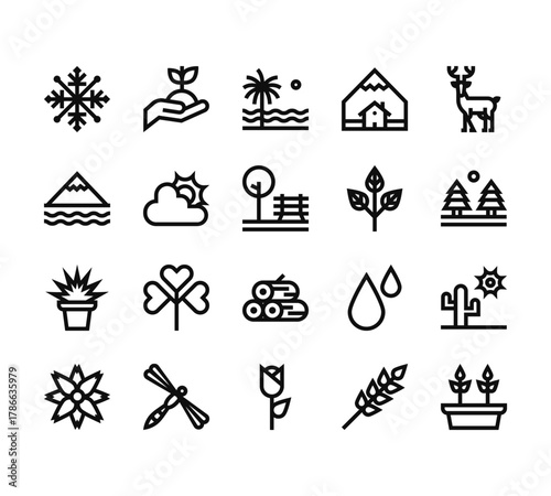 20 set of outline web nature icons such as seed, mountain, flower pot, flower, flower vector thin icons for report, presentation, diagram, web design, mobile app