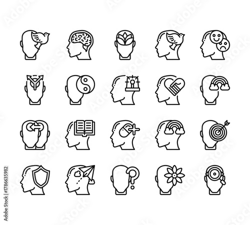 20 set of outline web human mind icons such as brain, opportunity, learning, shield, confusion vector thin icons for report, presentation, diagram, web design, mobile app