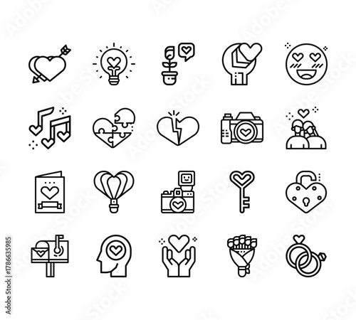 20 set of outline web love icons such as light bulb, music notes, card, mail box, heart vector thin icons for report, presentation, diagram, web design, mobile app