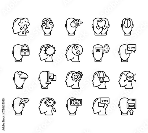 20 set of outline web human mind icons such as law, security, dreaming, creative, greed vector thin icons for report, presentation, diagram, web design, mobile app