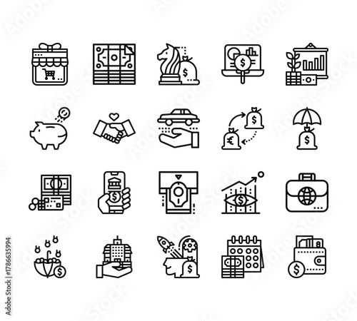 20 set of outline web finance icons such as money, piggy bank, money, chance, investment vector thin icons for report, presentation, diagram, web design, mobile app
