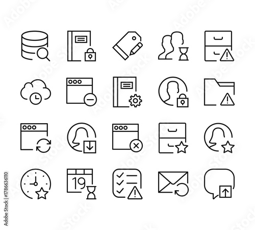 20 set of outline web interaction set icons such as notebook, cloud computing, browser, stopwatch, list vector thin icons for report, presentation, diagram, web design, mobile app
