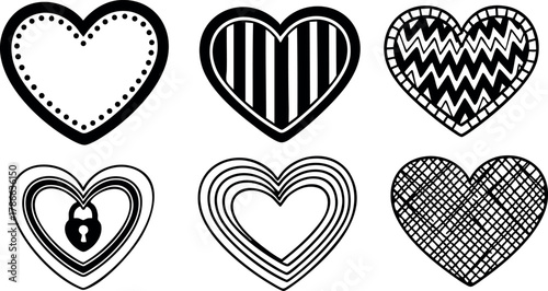 Heart shapes with various patterns vector illustration in black and white design 