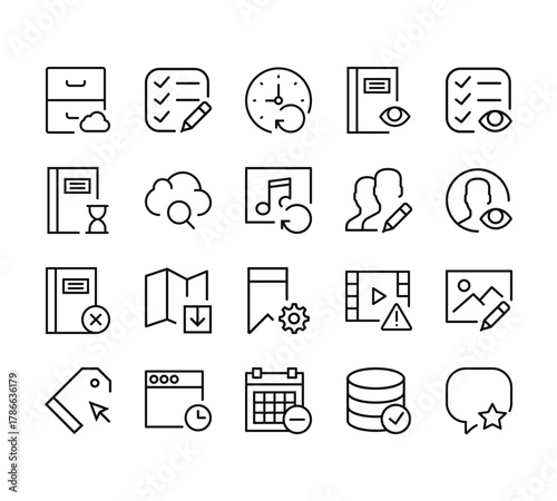 20 set of outline web interaction set icons such as list, notebook, notebook, price tag, calendar vector thin icons for report, presentation, diagram, web design, mobile app