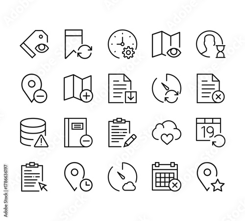 20 set of outline web interaction set icons such as bookmark, placeholder, database, notepad, stopwatch vector thin icons for report, presentation, diagram, web design, mobile app