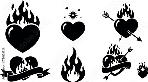 Heart flame icon set with arrow and stars vector illustration in black silhouette style 
