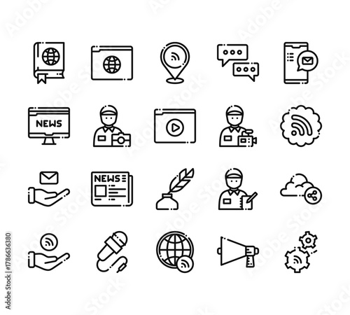 20 set of outline web news journal icons such as browser, monitor, message, wifi, worldwide vector thin icons for report, presentation, diagram, web design, mobile app