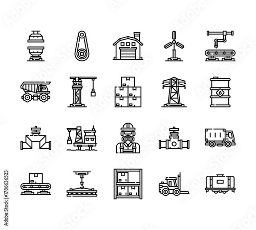 20 set of outline web industrial process icons such as gear, cargo truck, valve, conveyor, stock vector thin icons for report, presentation, diagram, web design, mobile app