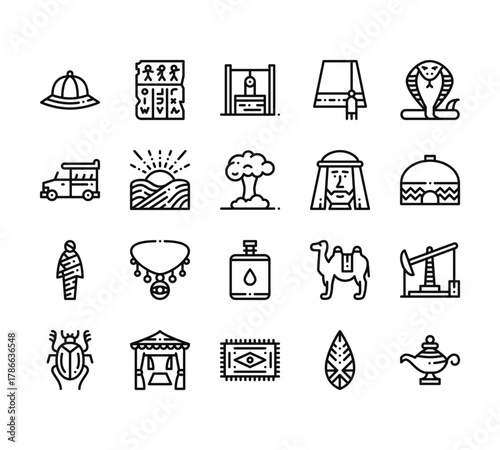 20 set of outline web desert icons such as hiero, bus, mummy, scarab, carpet vector thin icons for report, presentation, diagram, web design, mobile app