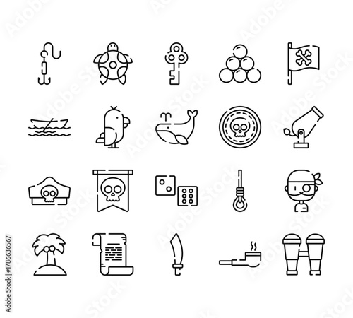 20 set of outline web pirates icons such as tortoise, boat, pirate hat, island, sabre vector thin icons for report, presentation, diagram, web design, mobile app