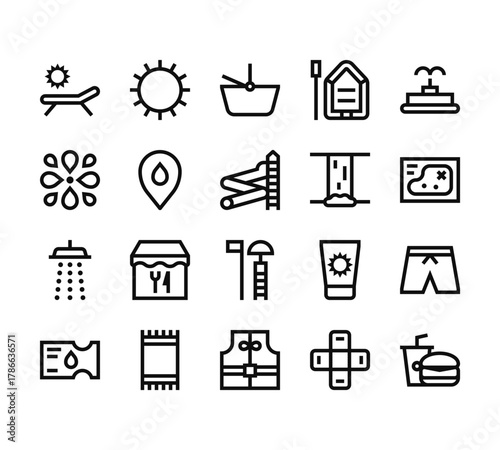 20 set of outline web water park icons such as sun, splash, shower, ticket, life vest vector thin icons for report, presentation, diagram, web design, mobile app