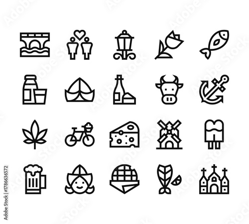 20 set of outline web holland icons such as same sex marriage, diary product, marijuana, beer, stroopwafel vector thin icons for report, presentation, diagram, web design, mobile app