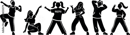 Silhouettes of six diverse dancers performing energetic modern dance moves black vector illustration 