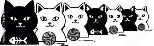 Black and white cats playing with yarn balls vector illustration in a row 
