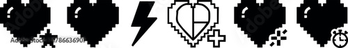 Pixel art black heart icons with health and time symbols in digital style vector illustration 