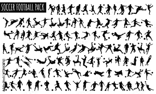 Soccer Football Pack: A dynamic collection of soccer players, rendered in silhouette form, showcases a variety of actions. This pack captures the essence of the game. Perfect for Soccer Themed Designs