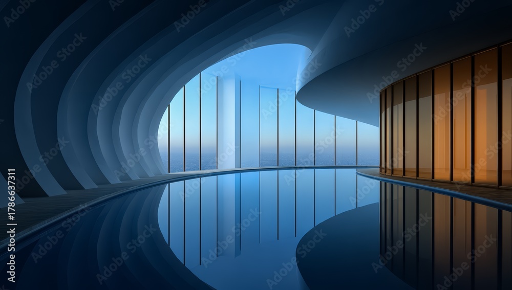 Fototapeta premium Large room with a pool and a window. The room is very large and has a lot of windows