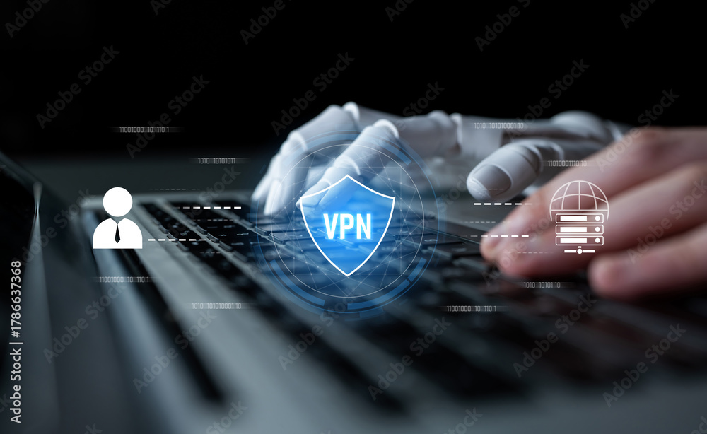 Fototapeta premium AI improves VPN by monitoring traffic, detecting risks, encrypting sessions, and optimizing routing to ensure private, secure, and efficient network access. Latch