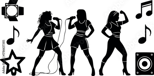 Female singers dancing and performing with music notes and speaker vector illustration 