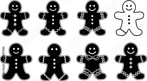 Gingerbread Man Cookie Vector Illustration with Black and White Variations for Holiday Baking Designs 