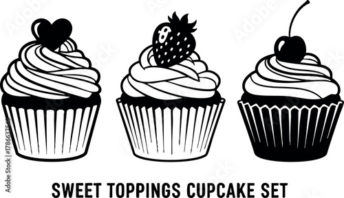 Sweet cupcake set with heart strawberry and cherry toppings vector illustration 