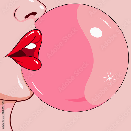 Woman Blowing Pink Bubble Gum Pop Art Style