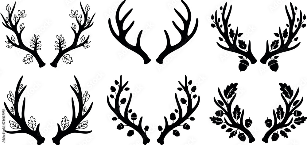 Naklejka premium Set of black silhouette deer antlers with seasonal and botanical elements vector illustration 