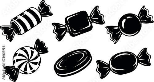 Assorted wrapped candies vector illustration in black and white simple style 