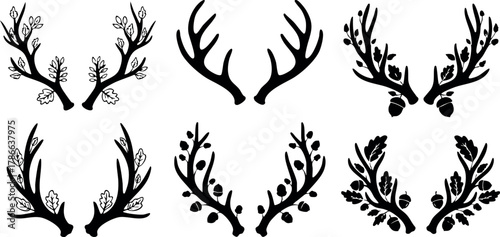 Set of black silhouette deer antlers with seasonal and botanical elements vector illustration 