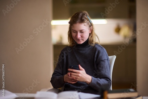 Young lady with cerebral palsy studying using technological aids, Enthusiastic woman with cerebral palsy learning with aid of modern assistive technology at bright workspace