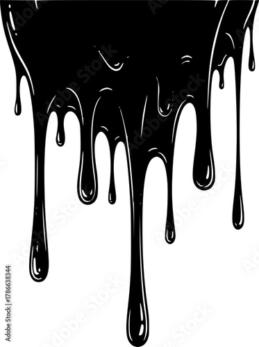 Black melt drips or liquid paint drops. Dripping liquid. Paint flows. Current paint, stains. Current drops. Current inks. Vector illustration. isolated on white background