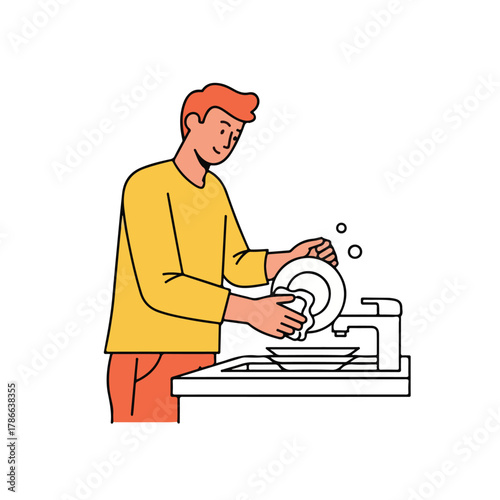 Person Washing Dishes in the Kitchen Sink Illustration