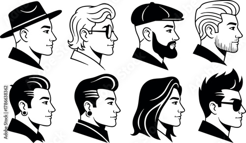 Male profile avatars with diverse hairstyles and accessories black and white vector illustration 