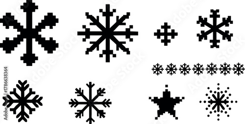 Pixel art black snowflakes and winter symbols vector illustration design set 