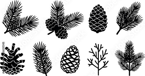 Pine cones and evergreen tree branches black silhouette vector collection for nature illustration design 