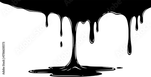 Black melt drips or liquid paint drops. Dripping liquid. Paint flows. Current paint, stains. Current drops. Current inks. Vector illustration. isolated on white background