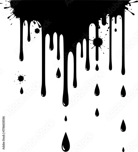 Black melt drips or liquid paint drops. Dripping liquid. Paint flows. Current paint, stains. Current drops. Current inks. Vector illustration. isolated on white background