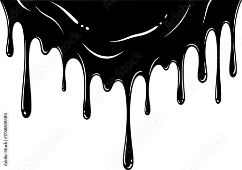 Black melt drips or liquid paint drops. Dripping liquid. Paint flows. Current paint, stains. Current drops. Current inks. Vector illustration. isolated on white background