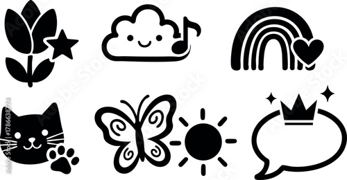 Cute cartoon icons of cat flower cloud rainbow butterfly sun and speech bubble with crown vector illustration 