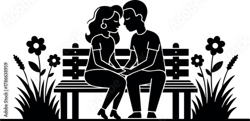 Romantic couple holding hands sitting on park bench surrounded by flowers vector illustration 