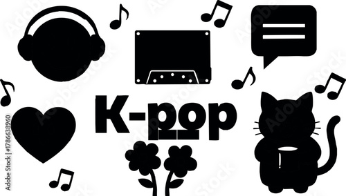 K-pop music cassette headphones cat heart flowers speech bubble vector illustration 