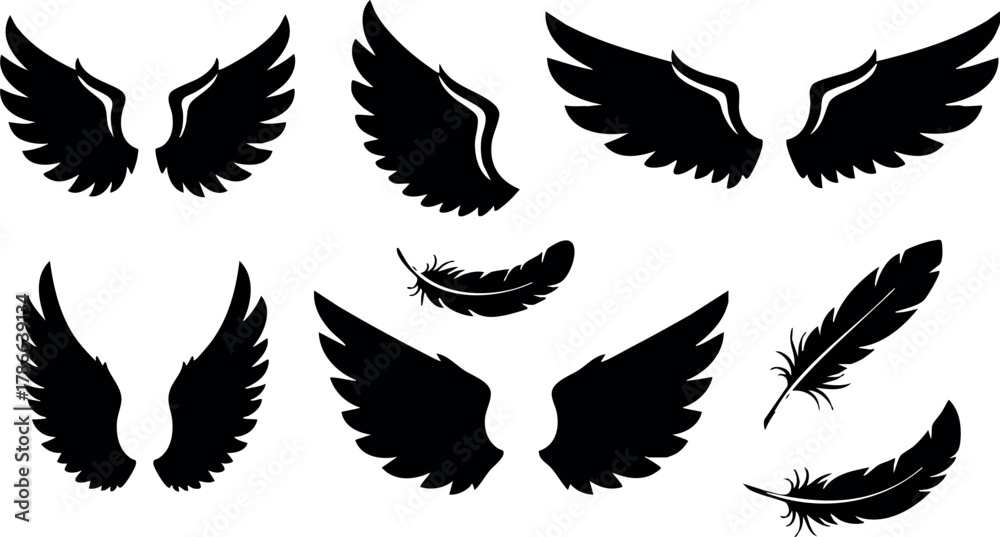 Obraz premium Black wing silhouettes and feathers vector illustration set with various shapes and styles