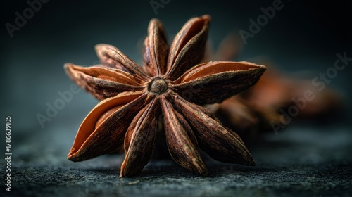 Fototapeta Naklejka Na Ścianę i Meble -  Star anise spice close-up highlighting its unique shape and texture on a dark background